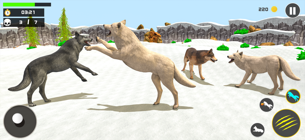Wolf Game: Wild Hunting Sim - Un lobo alfa luchando contra otro lobo en un paisaje nevado de la aplicación móvil Wolf Game Wild Hunting Sim.