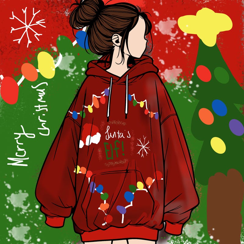 realistic girl with a oversized sweatshirt on and a bun