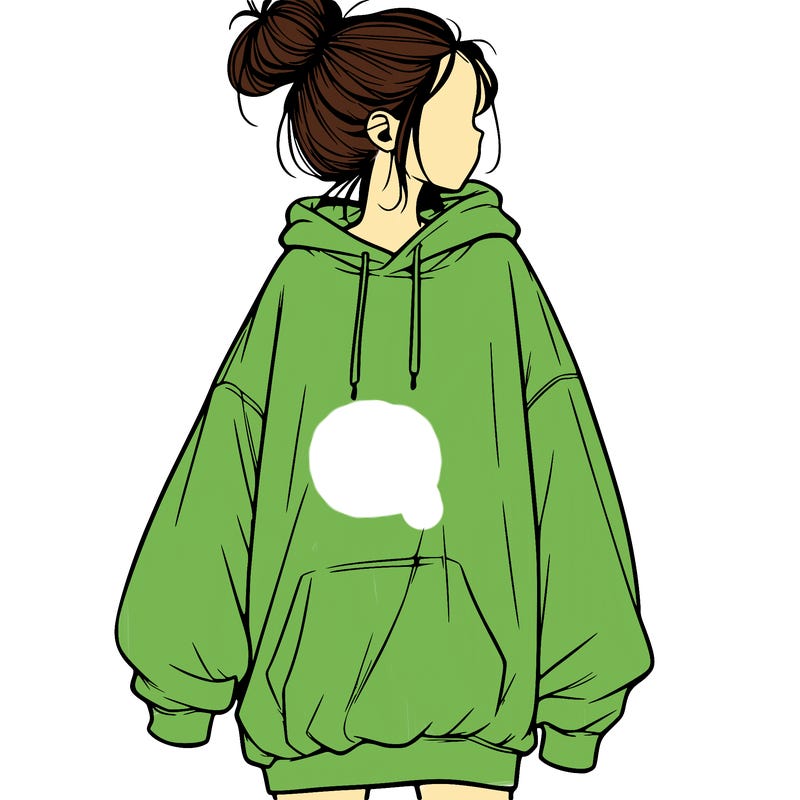 realistic girl with a oversized sweatshirt on and a bun