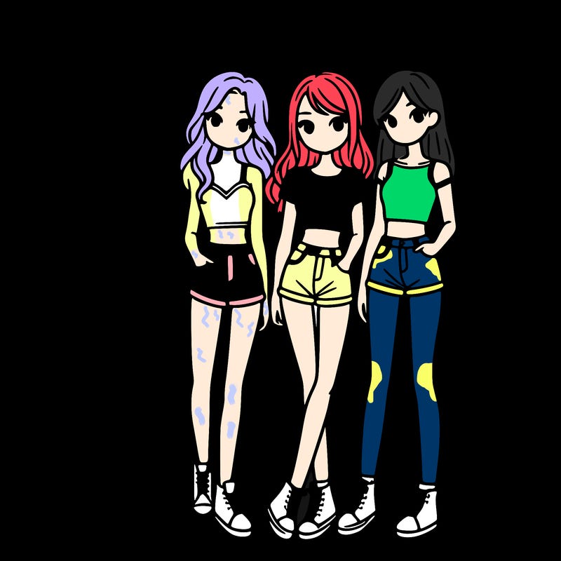 a group of girls wearing crop tops and shorts