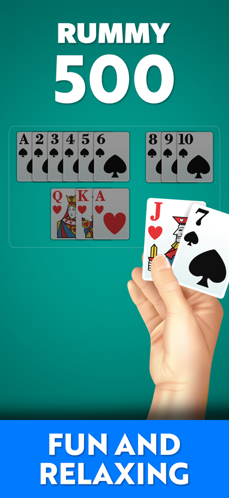 Gameplay do jogo de cartas Rummy 500 mostrando conjuntos e sequências com cartas grandes e legíveis para idosos