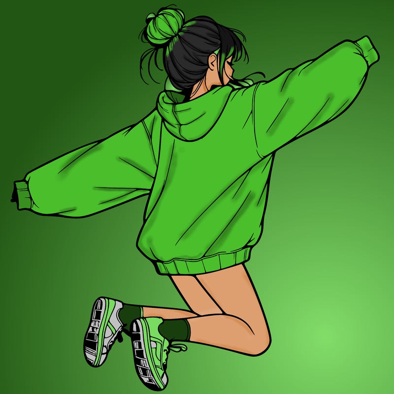 realistic girl jumping with a bun and oversized sweatshirt