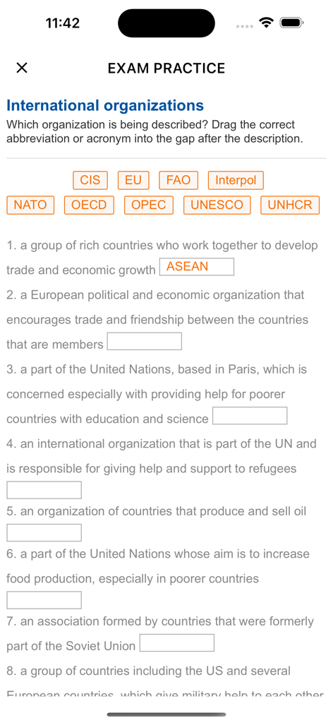English Listening - 6mins - A mobile app screen showing an exam practice exercise for English learners to match international organization abbreviations with their descriptions.