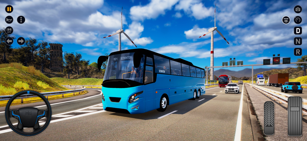 Un autobús de lujo azul conduciendo por una autopista con turbinas eólicas y controles realistas en la cabina