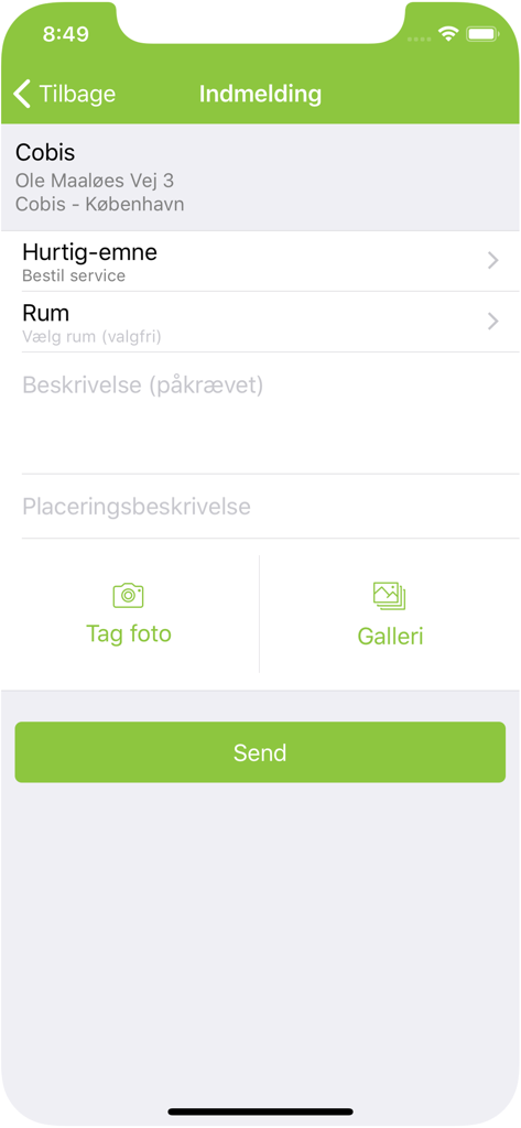 A mobile interface for reporting facility issues with options to attach photos and specify location details.