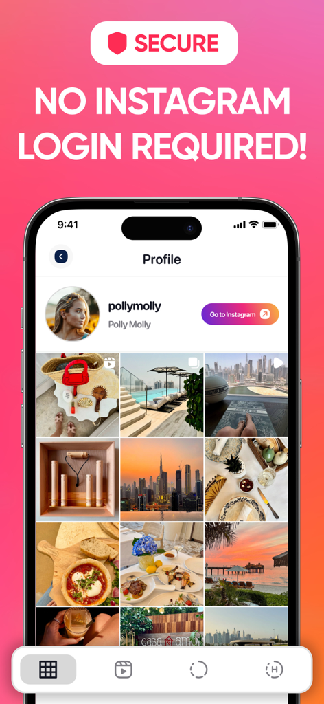 InstaGet Instagram Video Saver - InstaGet app interface showing secure Instagram profile browsing without requiring a login