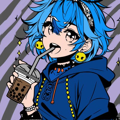 hot baddie anime girl drinking boba and biting the straw