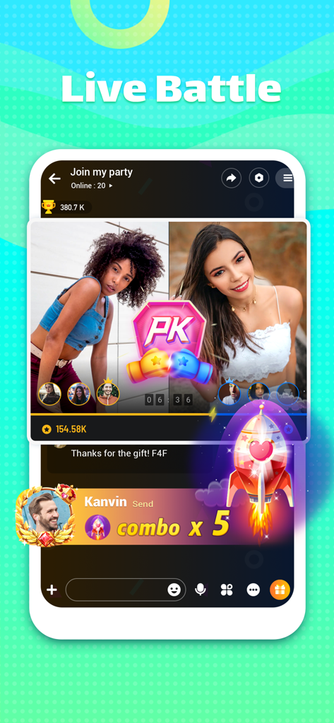 Qwick Live - Enjoy Live&Party - Qwick Live app interface showing a live PK battle between two streamers with virtual gifting effects