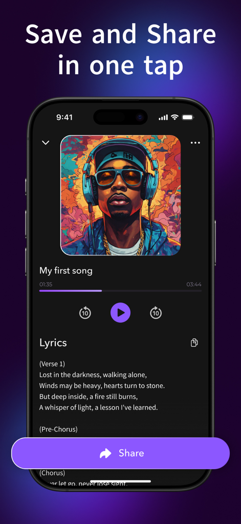 AI RAP - song generator - Reprodutor de música do gerador de músicas AI RAP com letras e opção de compartilhamento
