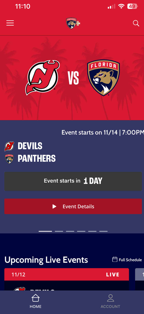 Panthers Plus - Oberfläche der Panthers Plus App, die ein bevorstehendes Eishockeyspiel zwischen den Devils und den Panthers zeigt.
