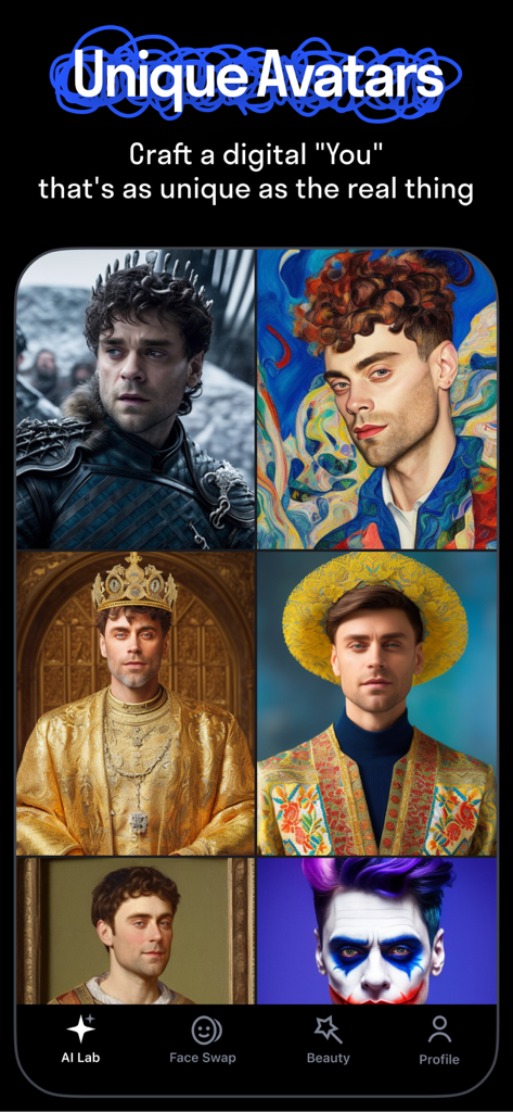 Reface: Face Swap AI Photo App - Interface of Reface app showing the Unique Avatars feature with a grid of six AI generated styles including a fantasy warrior king and joker