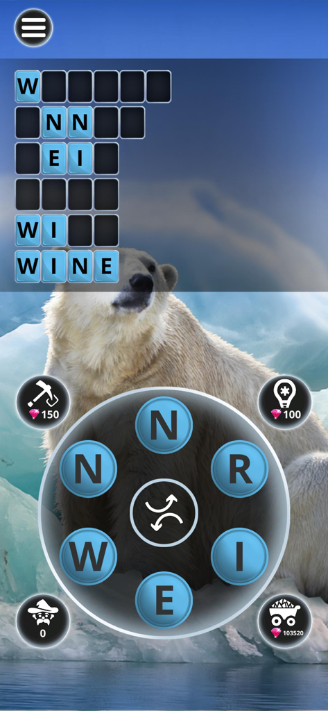 Interfaz de puzzle de conectar palabras de la app Word Animals con fondo de oso polar y rueda de letras para encontrar palabras en inglés.