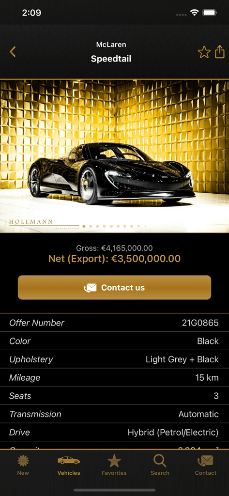 A black McLaren Speedtail displayed in the Hollmann International luxury vehicle app with price and technical specifications