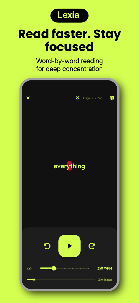 Lexia: Read Faster, Read More - Interface do aplicativo Lexia em um smartphone mostrando leitura palavra por palavra para concentração profunda com uma velocidade de 350 PPM.