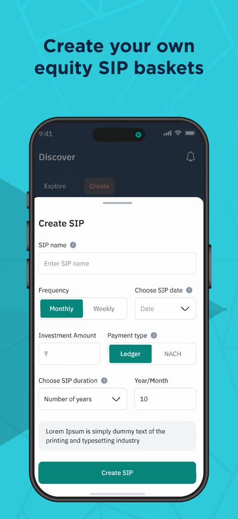 Geojit Smartfolios - A mobile app screen showing a form to create a custom equity SIP basket with frequency and amount options.