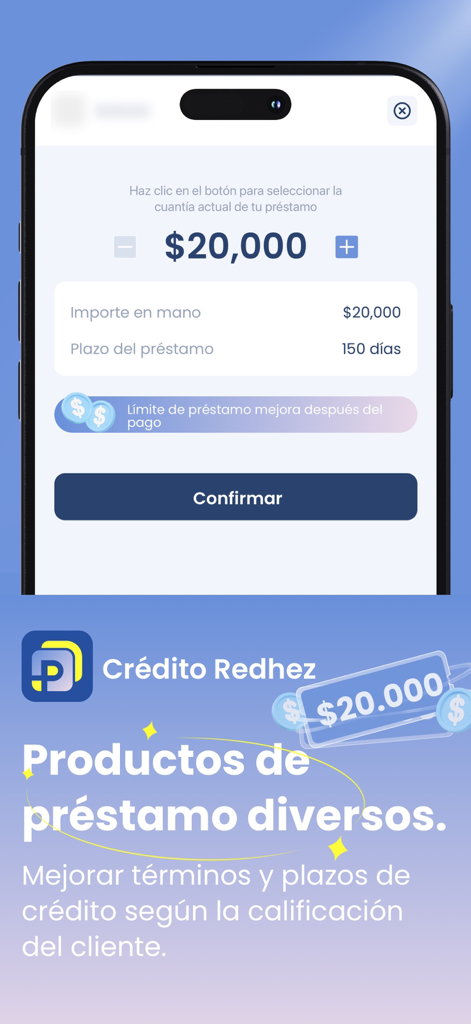 Crédito Redhez - Crédito Redhez App-Oberfläche, die einen Kreditantrag über 20.000 Pesos mit einer Laufzeit von 150 Tagen zeigt