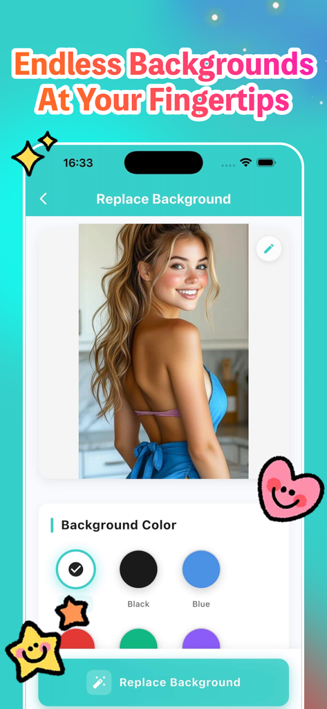 Picai - Photo - Picaiアプリのインターフェース。ユーザーがポートレート写真の単色背景を選択している様子を示しています。