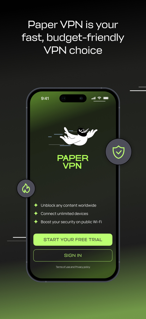 Paper VPN home screen on iPhone featuring its budget friendly value proposition and free trial offer