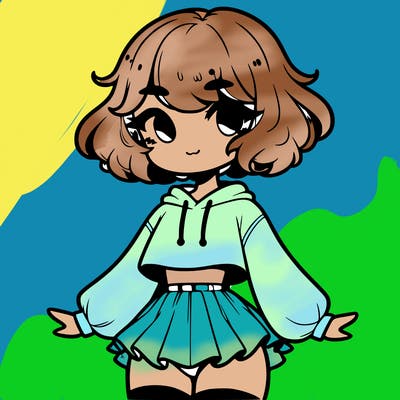 cute femboy with short, fluffy hair that softly frames their face, wearing a cropped hoodie, paired with a flouncy short skirt, and thigh-high stockings