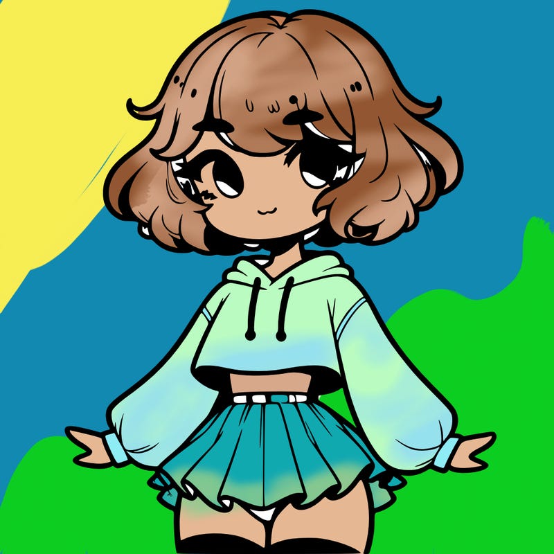 cute femboy with short, fluffy hair that softly frames their face, wearing a cropped hoodie, paired with a flouncy short skirt, and thigh-high stockings