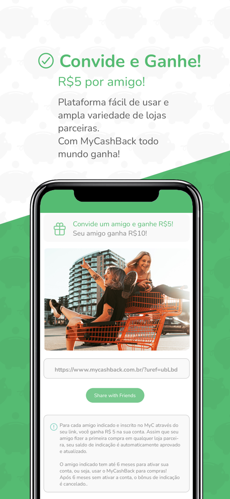 Mobile screen of the MyCashBack app showing the refer a friend program with cash rewards for invites.
