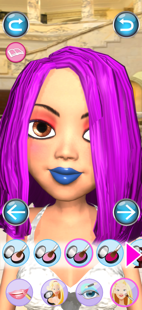 Una princesa 3D con cabello morado brillante y lápiz labial azul en una interfaz de juego de salón de maquillaje