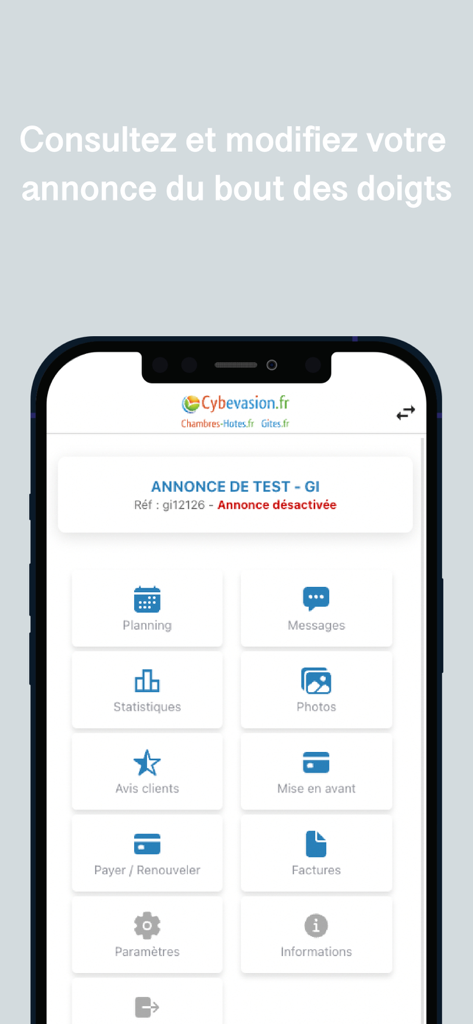 Cybevasion Extranet - Cybevasion Extranet mobile app interface showing property management dashboard with icons for planning messages and statistics