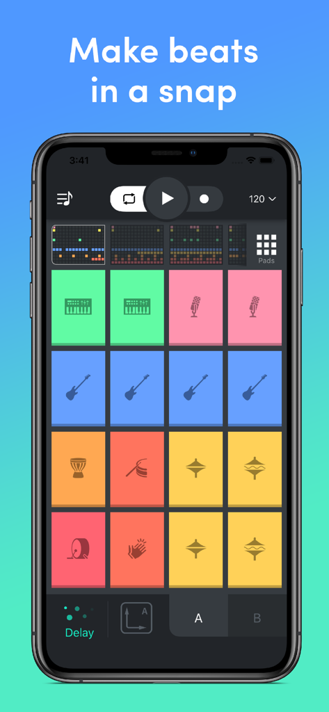 Beat Snap - Music & Beat Maker - Smartphone screen displaying the Beat Snap music maker app with a colorful drum pad interface.