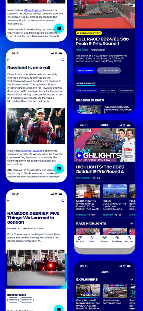 Interface of the Formula E mobile app showing racing news articles and video highlights