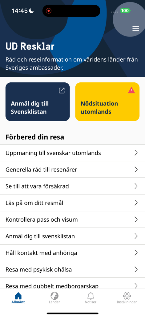 Home screen of the UD Resklar app showing travel preparation options and emergency services for Swedish citizens