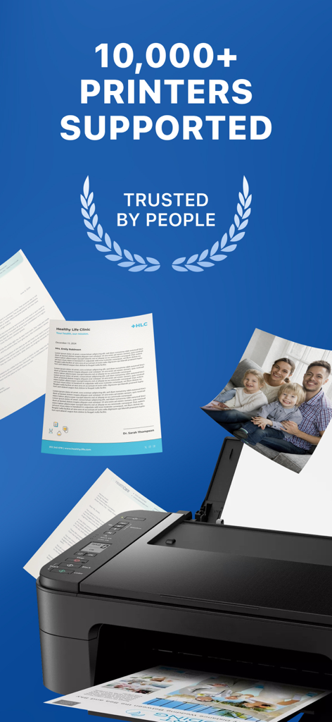 Air Printer App: Smart Print - Un gráfico promocional para la aplicación Air Printer que destaca el soporte para más de 10.000 impresoras y una insignia de confianza.