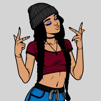 realistic teenage girl with braids and a beanie and crop top doing 🫶🏼