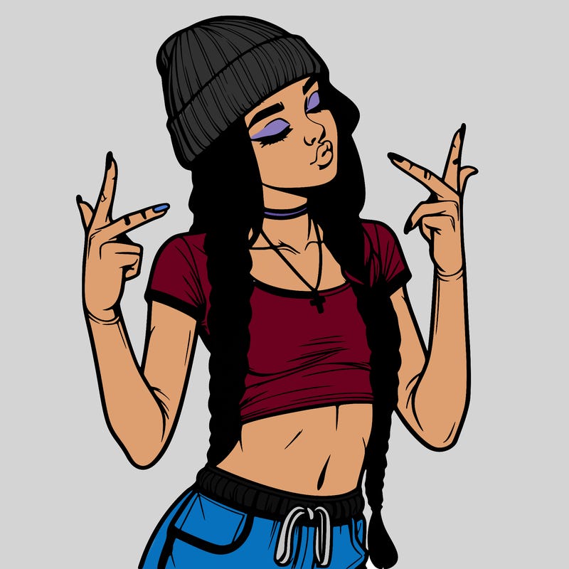 realistic teenage girl with braids and a beanie and crop top doing 🫶🏼