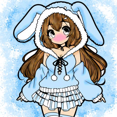 pretty anime girl wearing a fluffy hoodie with bunny ears on the hood and a skirt