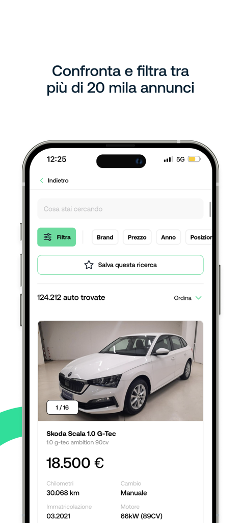 Interface de pesquisa da aplicação AutoSuperMarket exibindo anúncios de carros usados e opções de filtragem.