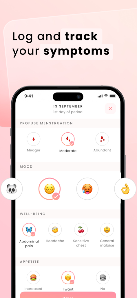 Interfaz de la aplicación Mooni para registrar síntomas del ciclo menstrual, estado de ánimo y bienestar físico