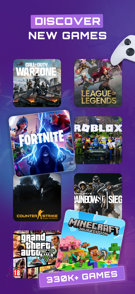 GameTree - Find Gaming Friends - A collection of popular video game tiles including Fortnite, Minecraft, and League of Legends under the header Discover New Games.