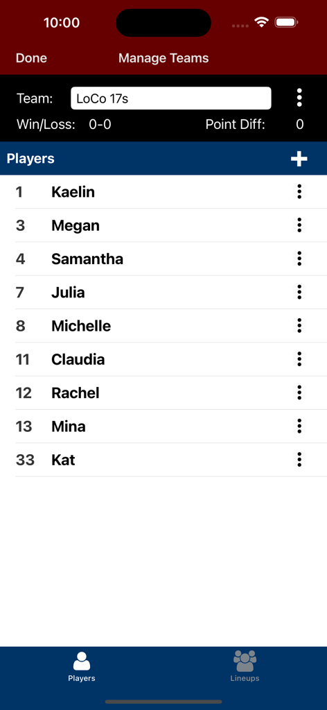 A screen from the Volleyball Lineup Tracker app showing a list of players on a team roster.