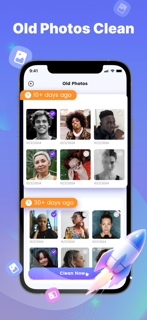 Clean UP-AI Storage Cleaner - Una captura de pantalla de la aplicación Clean UP que muestra fotos antiguas categorizadas por fecha para ayudar a los usuarios a liberar espacio de almacenamiento.