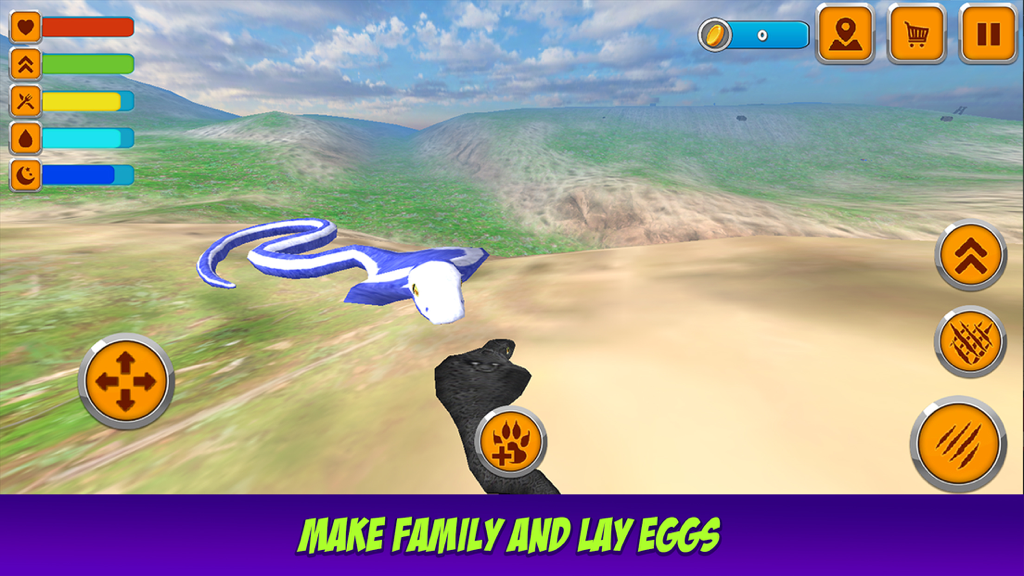 King Cobra Snake Survival Simulator 3D - A 3D game screenshot of a black king cobra approaching a blue and white snake mate in an open field
