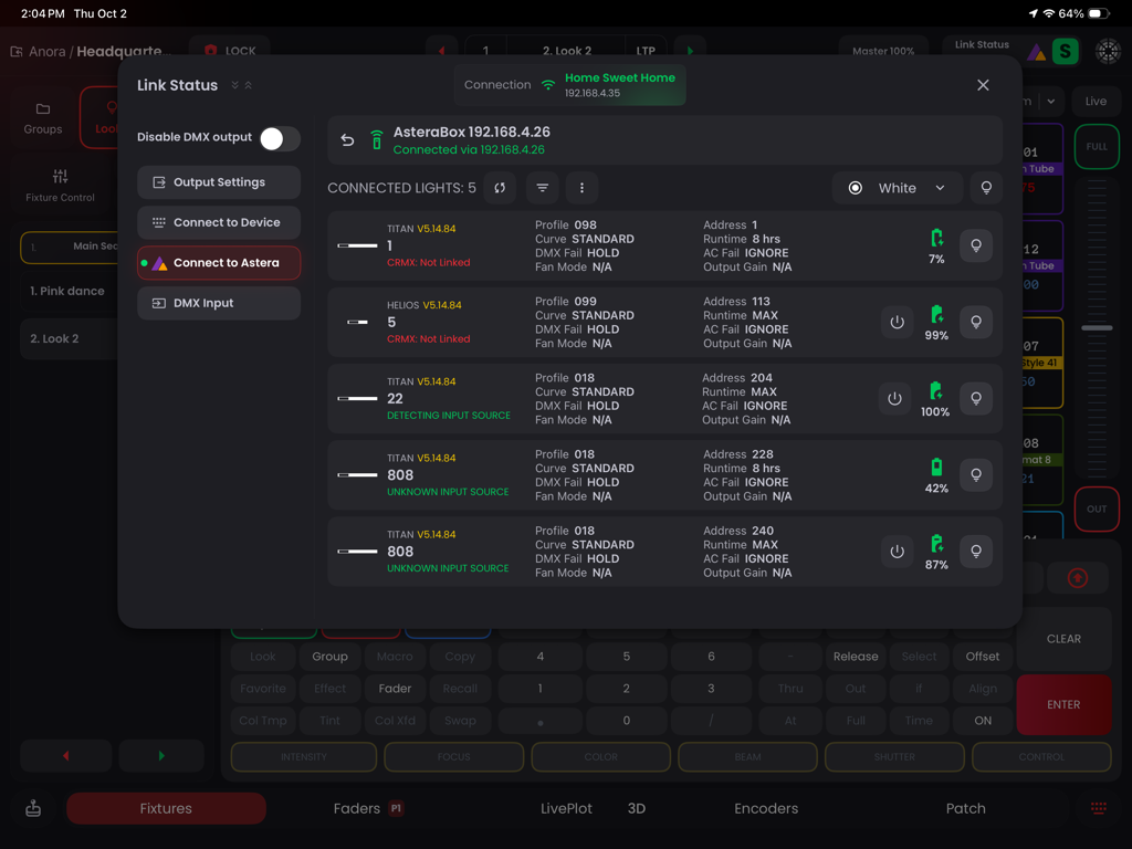 Blackout app Link Status screen monitoring connected Astera lighting fixtures and battery levels.