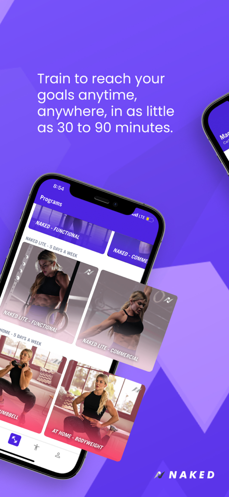 Naked Training - Interfaz de la aplicación Naked Training mostrando una lista de programas de gimnasio funcional y comercial