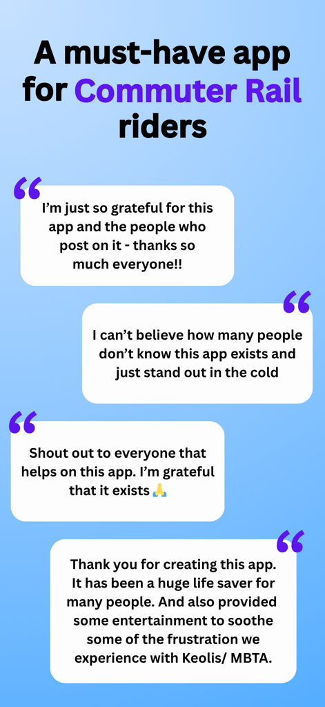 MBTA Rail • Commuter Rail - Positive user testimonials for the MBTA Rail app describing it as a life saver for commuter rail riders.