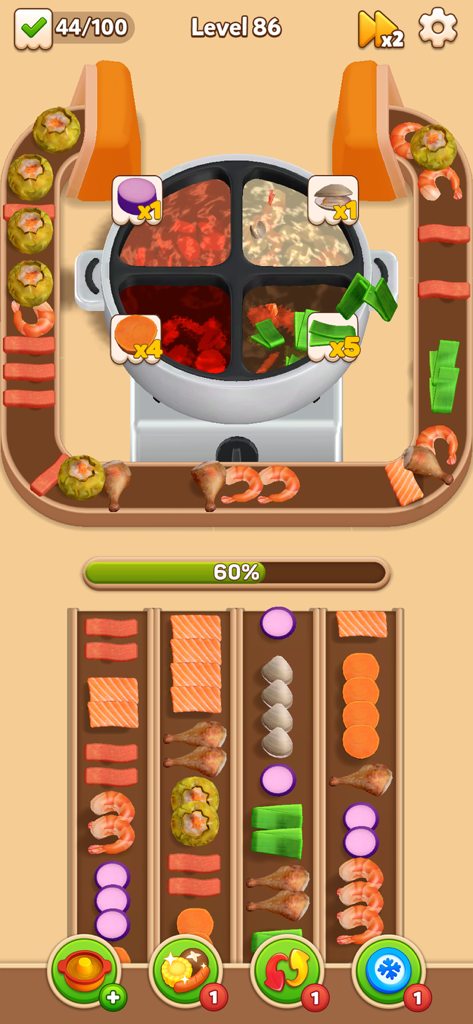 Gameplay screen of Hotpot Flow showing food items on a conveyor belt and a boiling hot pot.