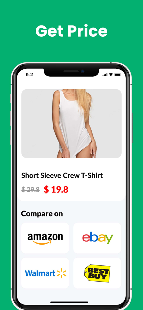 iPhone app screen showing product price comparison on Amazon eBay Walmart and Best Buy