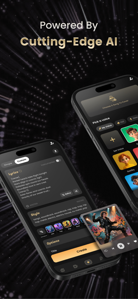 Music AIアプリのインターフェースで、カスタム歌詞入力とAIボイス選択による楽曲生成を表示