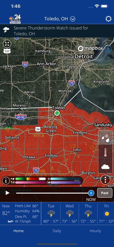 WNWO NBC 24 Weather Authority app interface displaying a severe thunderstorm watch and high resolution radar for Toledo Ohio