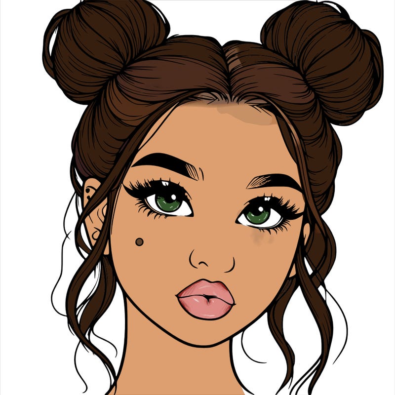 realistic girl with two buns on her hair and lips