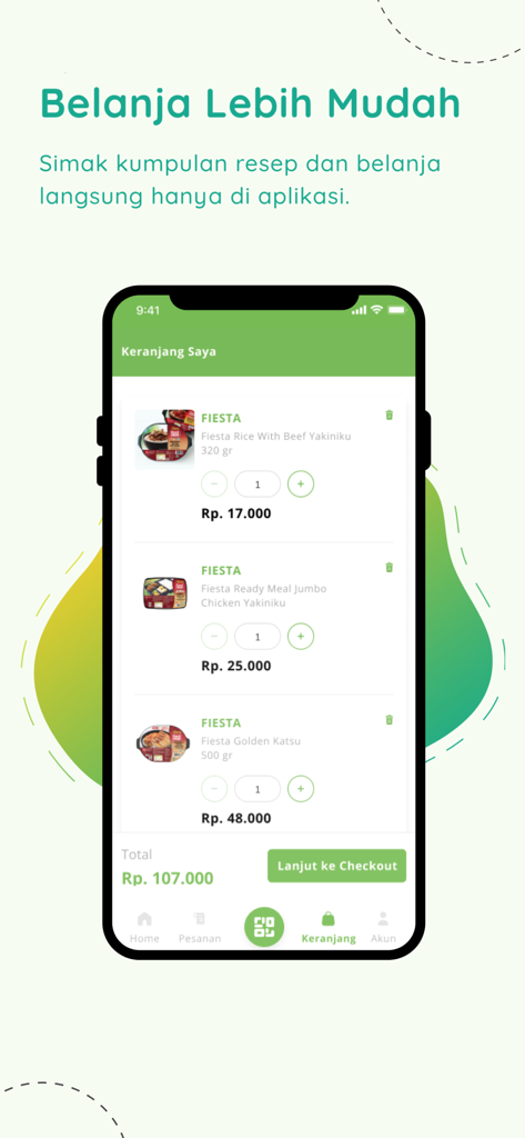 モバイルアプリの画面。ビーフヤキニクやチキンカツなどの食品を含むショッピングカートと、チェックアウトボタンが表示されています。
