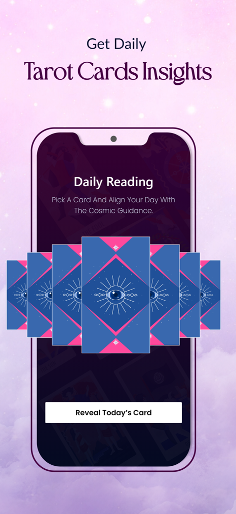 Daily tarot card reading interface on the Tarot Life mobile app showing a spread of cosmic cards to choose from.